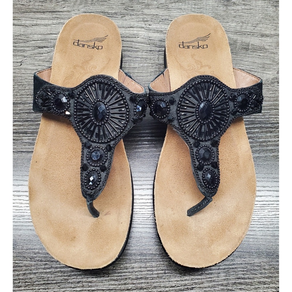 Dansko Pamela Jeweled Thong Leather Sandals Womens 38 (7.5-8 US) Black Slip-On